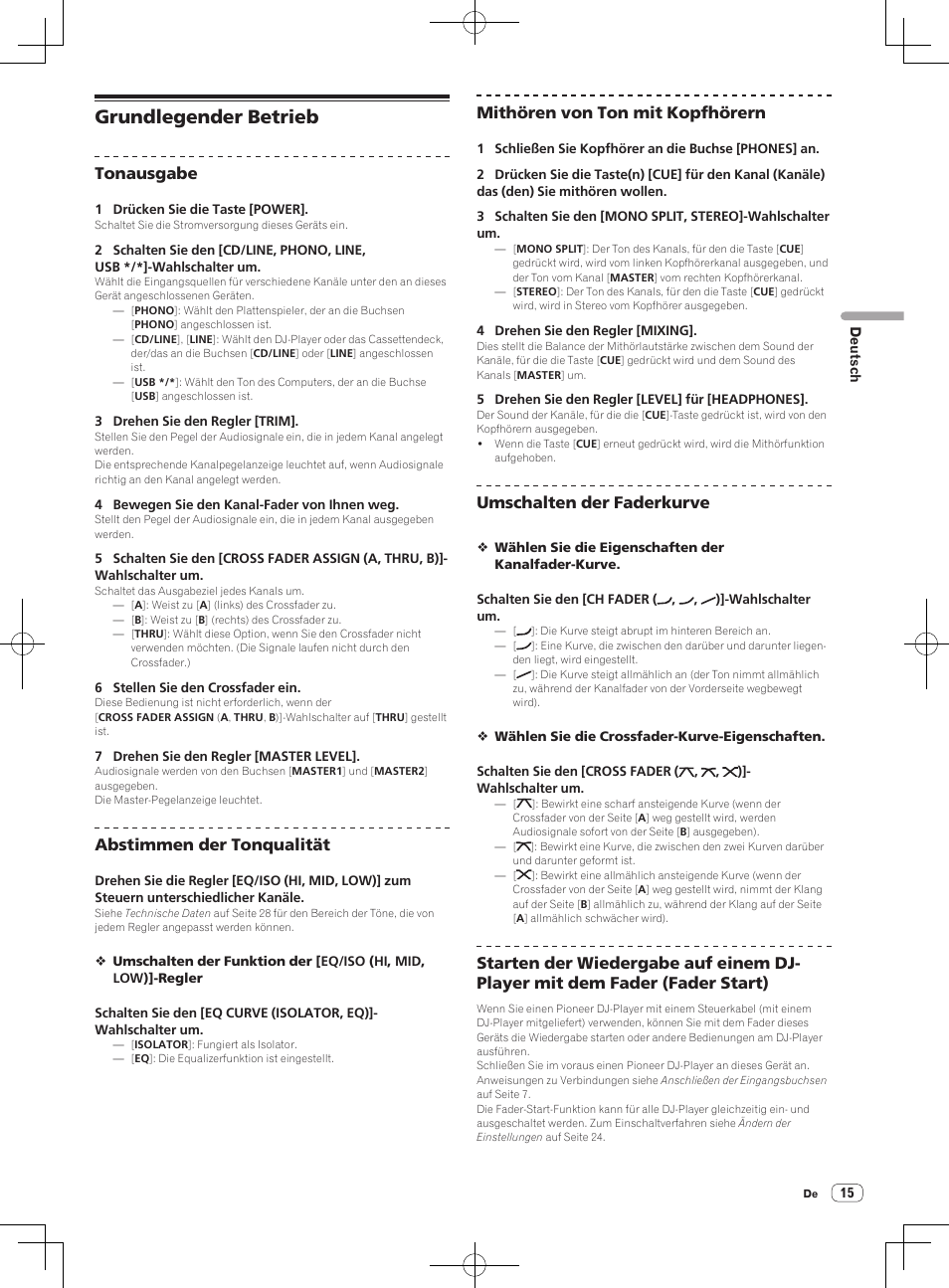 Bedienung, Grundlegender betrieb, Tonausgabe | Abstimmen der tonqualität, Mithören von ton mit kopfhörern, Umschalten der faderkurve | Pioneer DJM-850-W User Manual | Page 69 / 84