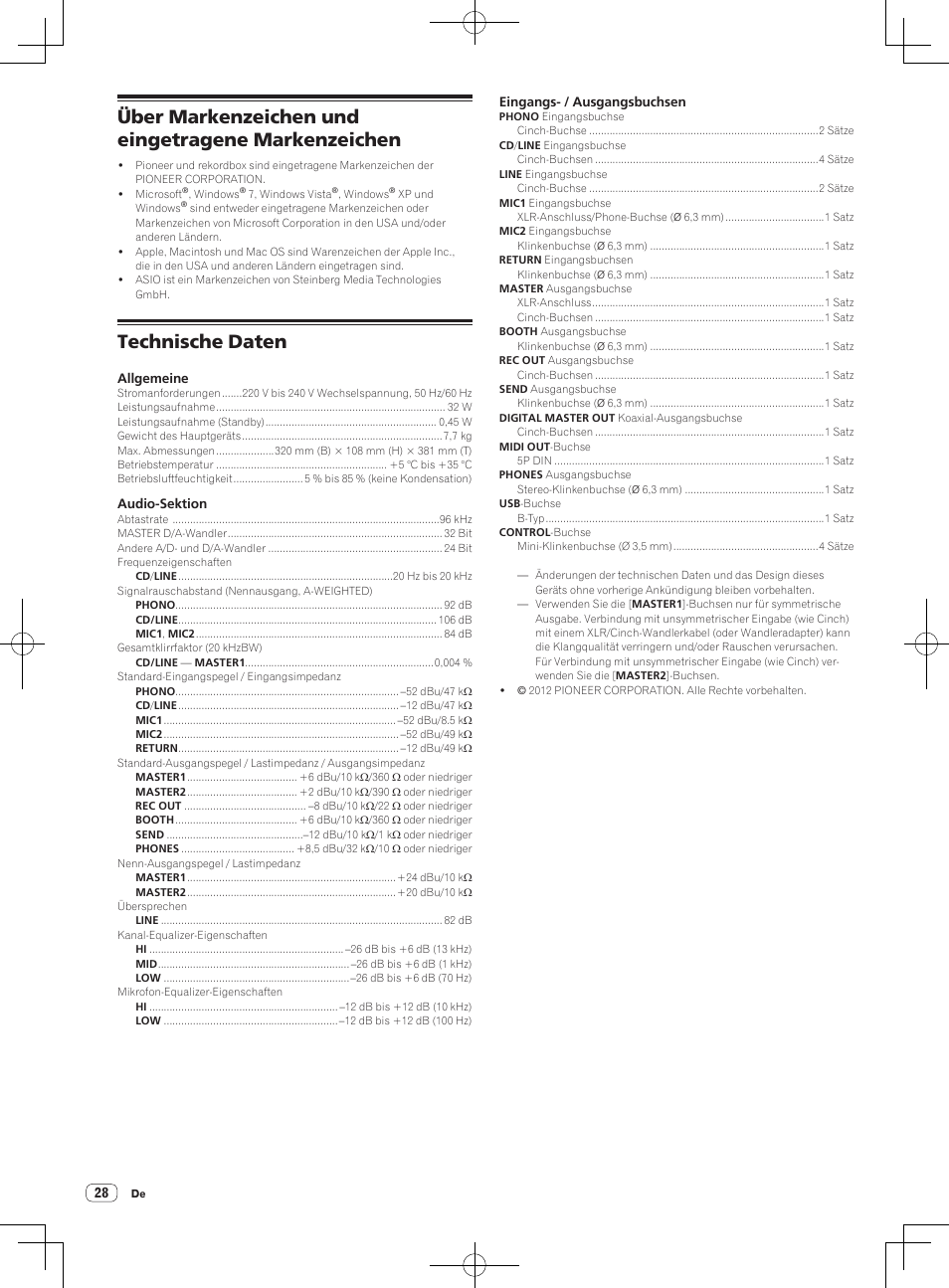 Über markenzeichen und eingetragene markenzeichen, Technische daten | Pioneer DJM-850-W User Manual | Page 82 / 84