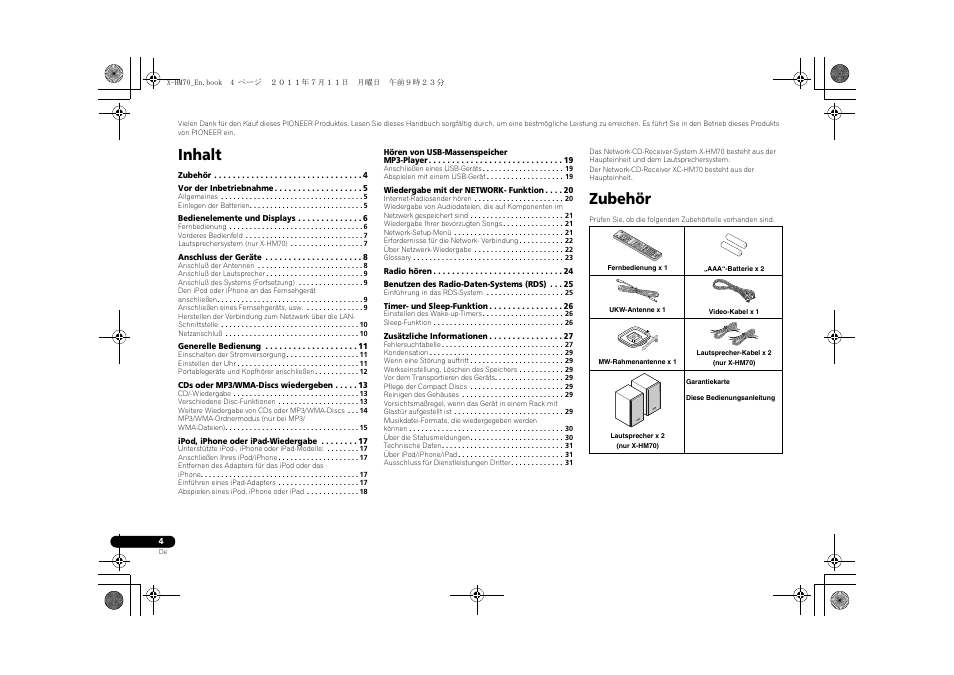 Network-cd-receiver-system, Network-cd-receiver, Uzioni per i’uso | Inhalt, Zubehör | Pioneer XC-HM70-K User Manual | Page 100 / 224