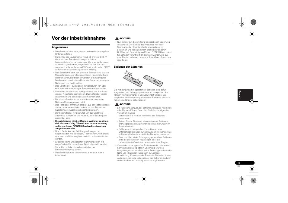 Vor der inbetriebnahme, Allgemeines einlegen der batterien | Pioneer XC-HM70-K User Manual | Page 101 / 224