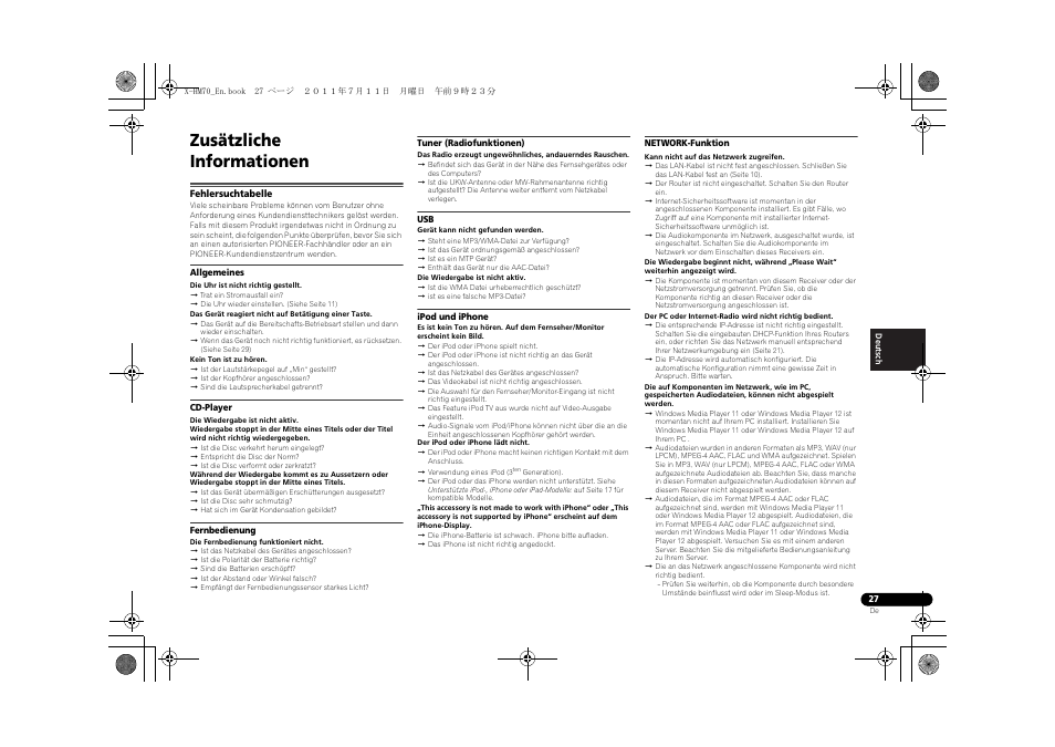 Zusätzliche informationen, Fehlersuchtabelle | Pioneer XC-HM70-K User Manual | Page 123 / 224