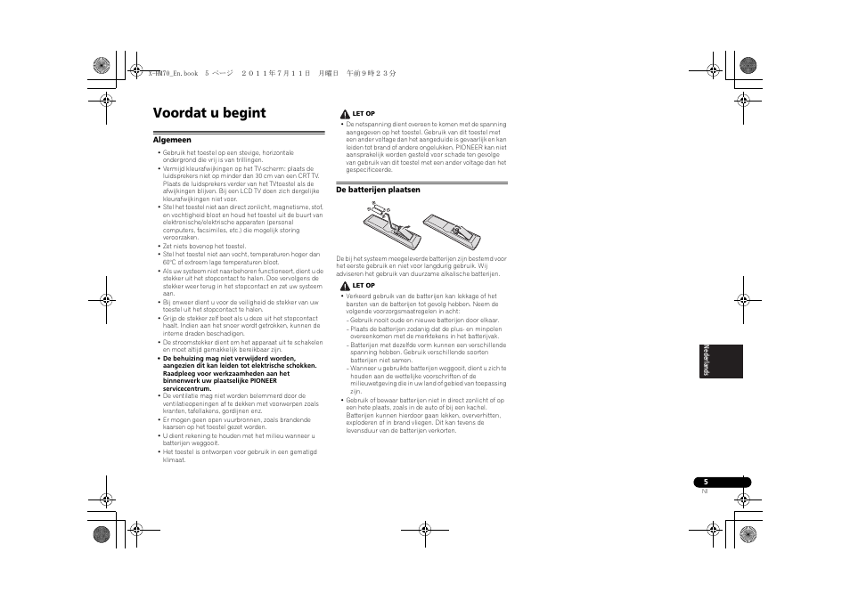 Voordat u begint, Algemeen de batterijen plaatsen | Pioneer XC-HM70-K User Manual | Page 161 / 224