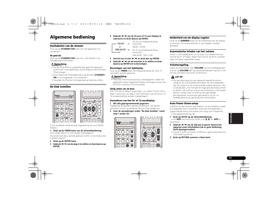 Algemene bediening, Inschakelen van de stroom de klok instellen | Pioneer XC-HM70-K User Manual | Page 167 / 224