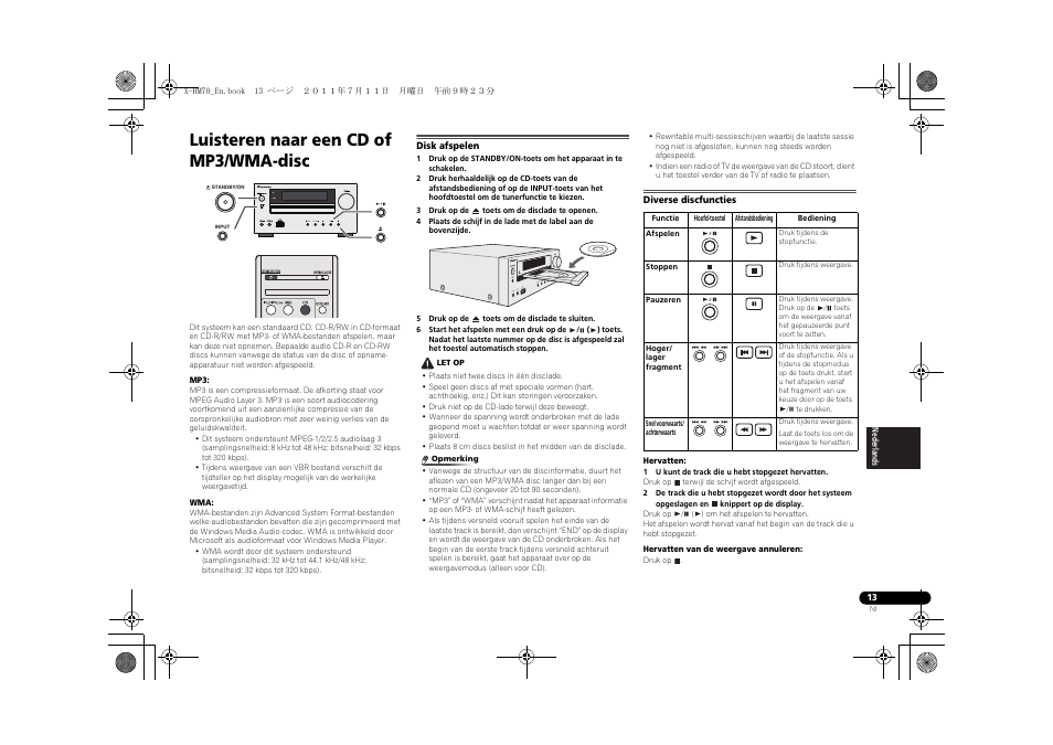 Luisteren naar een cd of mp3/wma-disc, Disk afspelen diverse discfuncties, Timer | Usb 5v 2.1a phones audio in | Pioneer XC-HM70-K User Manual | Page 169 / 224