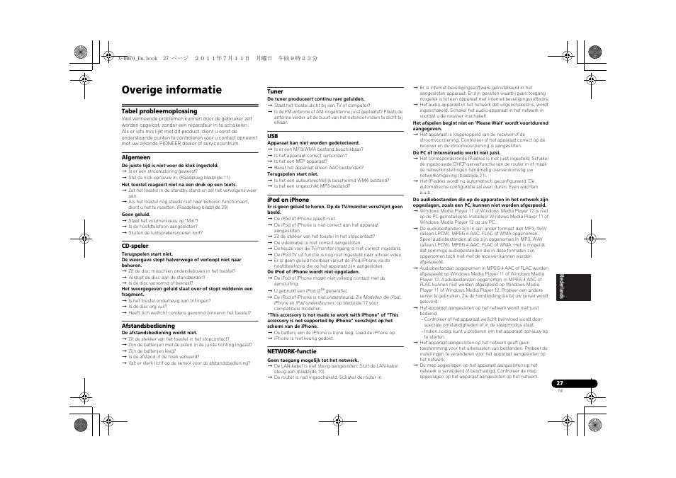 Overige informatie, Tabel probleemoplossing | Pioneer XC-HM70-K User Manual | Page 183 / 224