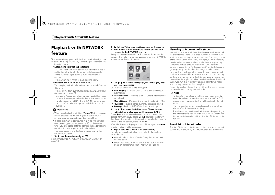 Playback with network feature, Listening to internet radio stations | Pioneer XC-HM70-K User Manual | Page 20 / 224