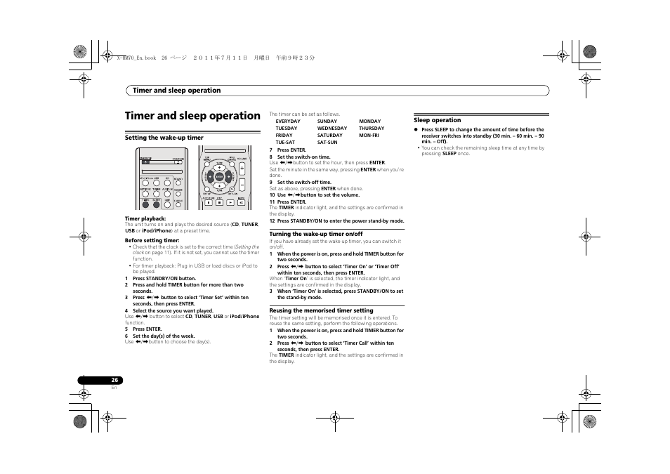 Timer and sleep operation, Setting the wake-up timer sleep operation | Pioneer XC-HM70-K User Manual | Page 26 / 224