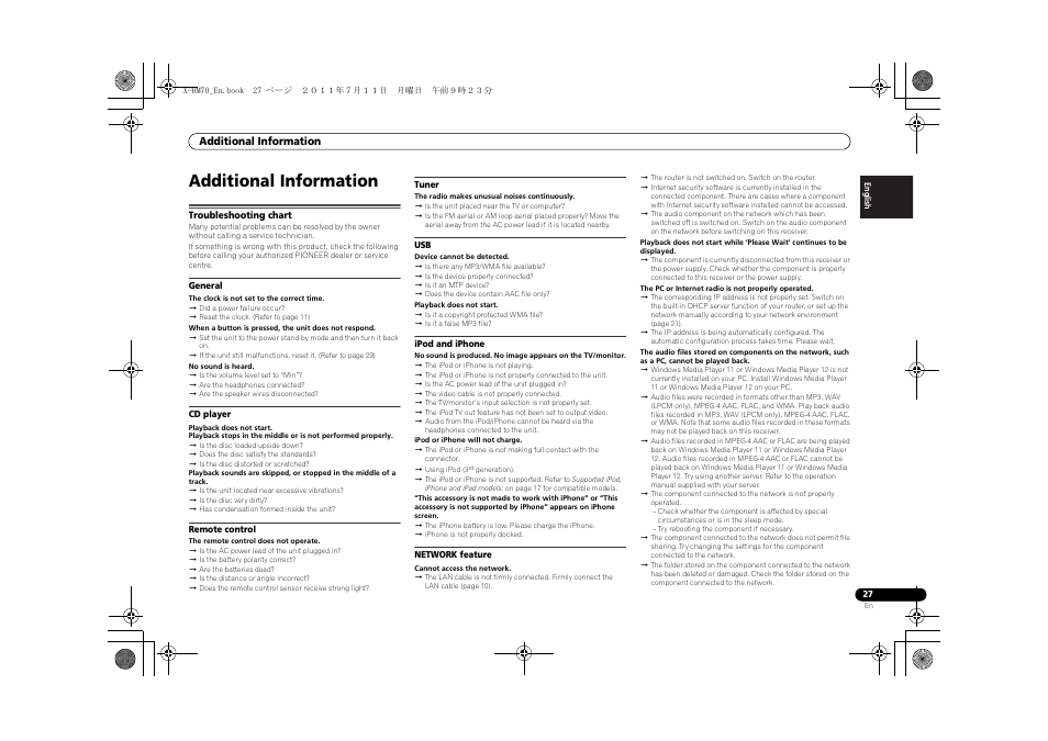 Additional information, Troubleshooting chart | Pioneer XC-HM70-K User Manual | Page 27 / 224