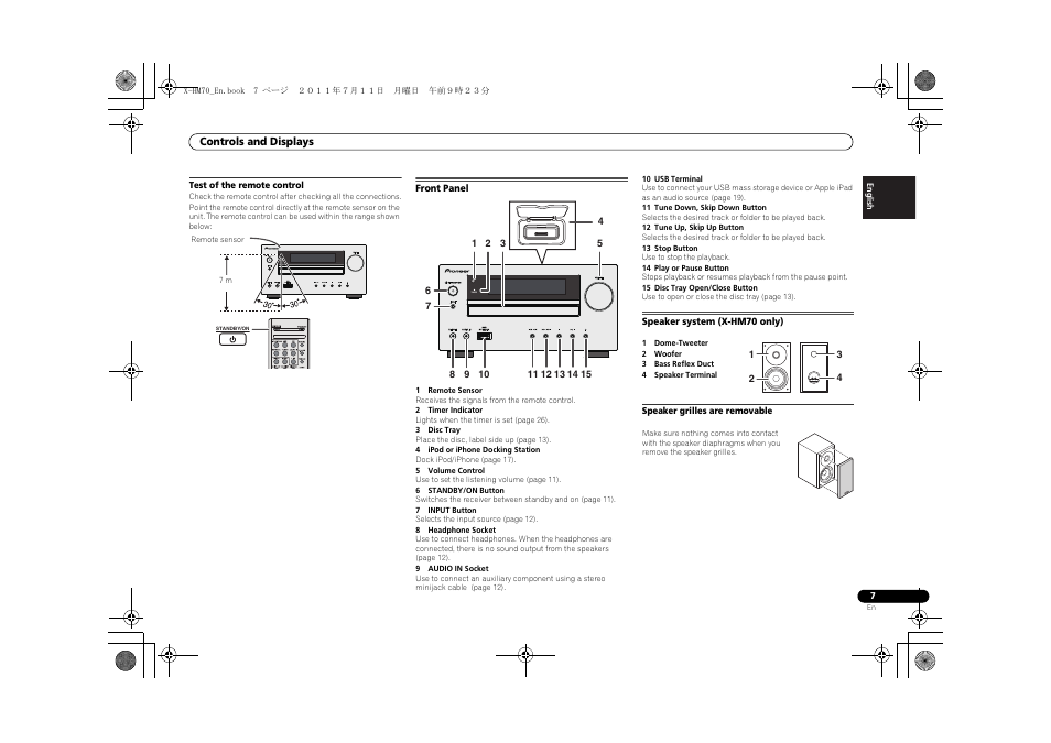 Front panel speaker system (x-hm70 only), Timer | Pioneer XC-HM70-K User Manual | Page 7 / 224