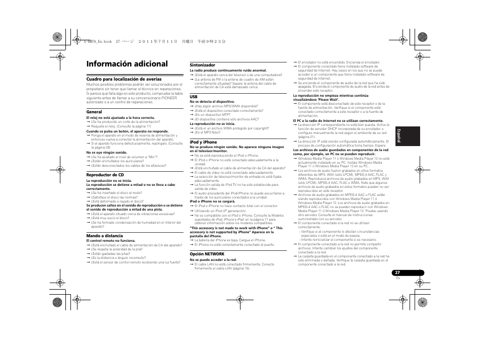 Información adicional, Cuadro para localización de averías | Pioneer XC-HM70-K User Manual | Page 93 / 224