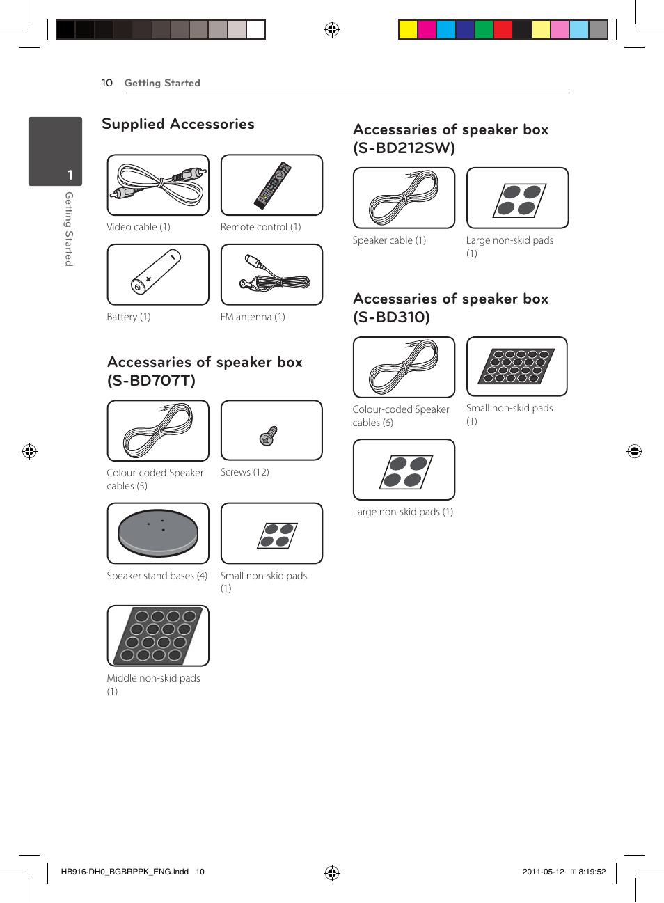 Supplied accessories, Accessaries of speaker box (s-bd707t), Accessaries of speaker box (s-bd212sw) | Accessaries of speaker box (s-bd310) | Pioneer BCS-212 User Manual | Page 10 / 72
