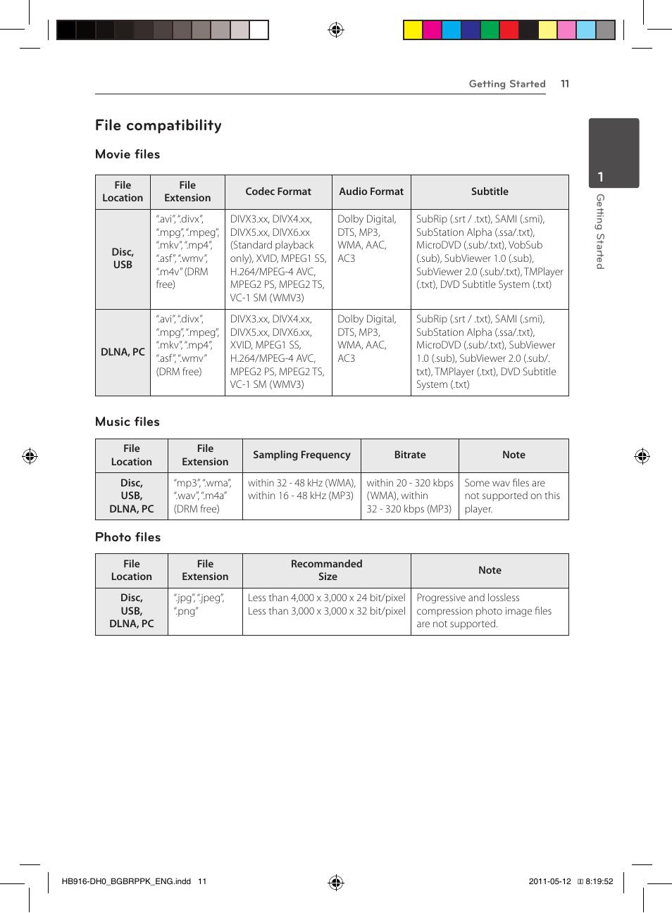 File compatibility, Movie files, Music files | Photo files | Pioneer BCS-212 User Manual | Page 11 / 72