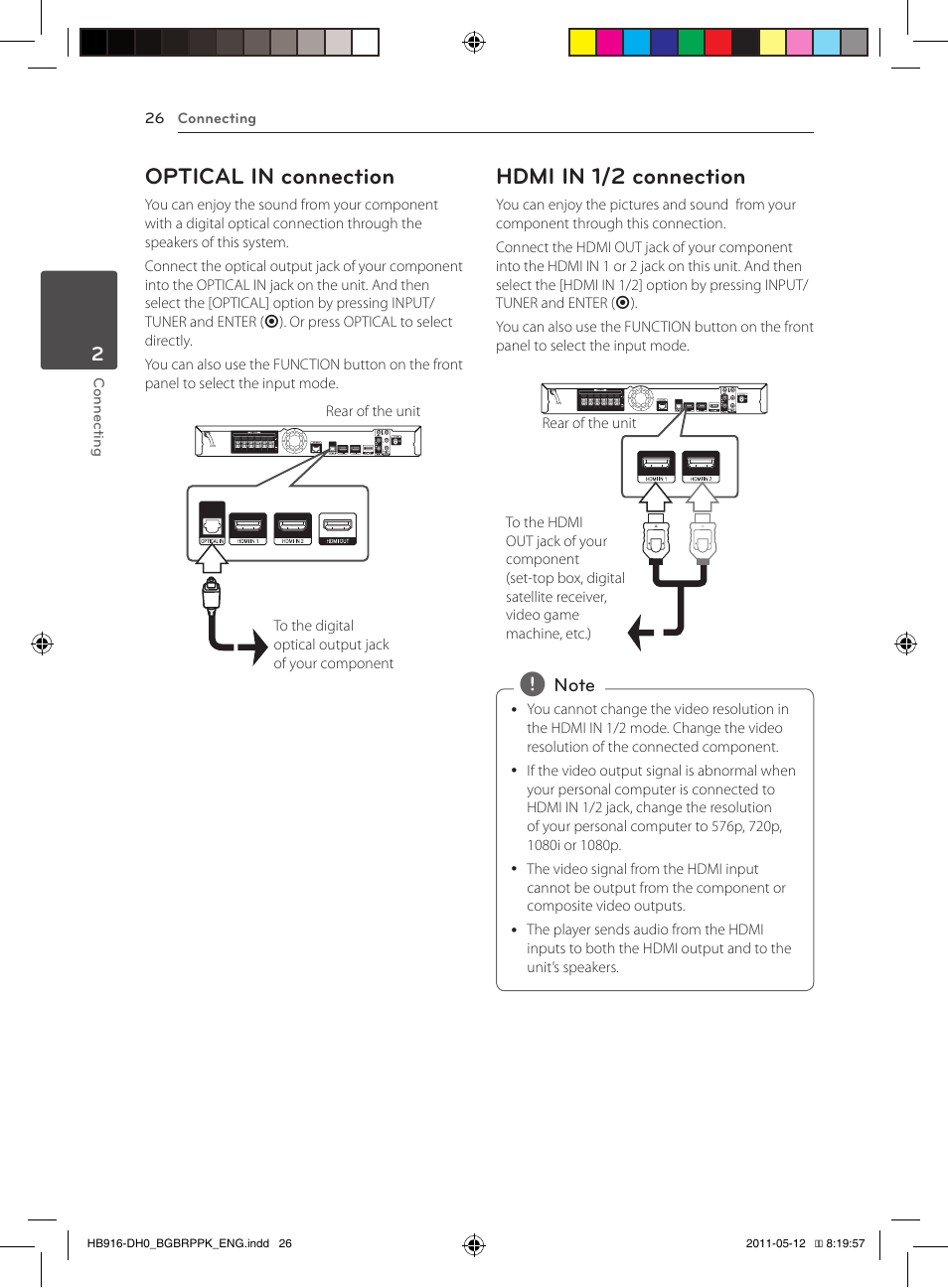 Optical in connection, Hdmi in 1/2 connection | Pioneer BCS-212 User Manual | Page 26 / 72