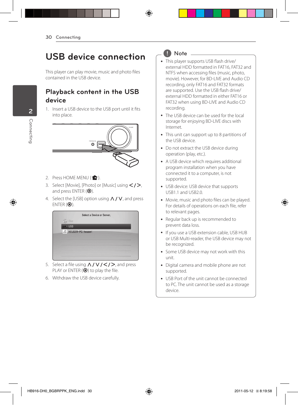 Usb device connection, Playback content in the usb device | Pioneer BCS-212 User Manual | Page 30 / 72