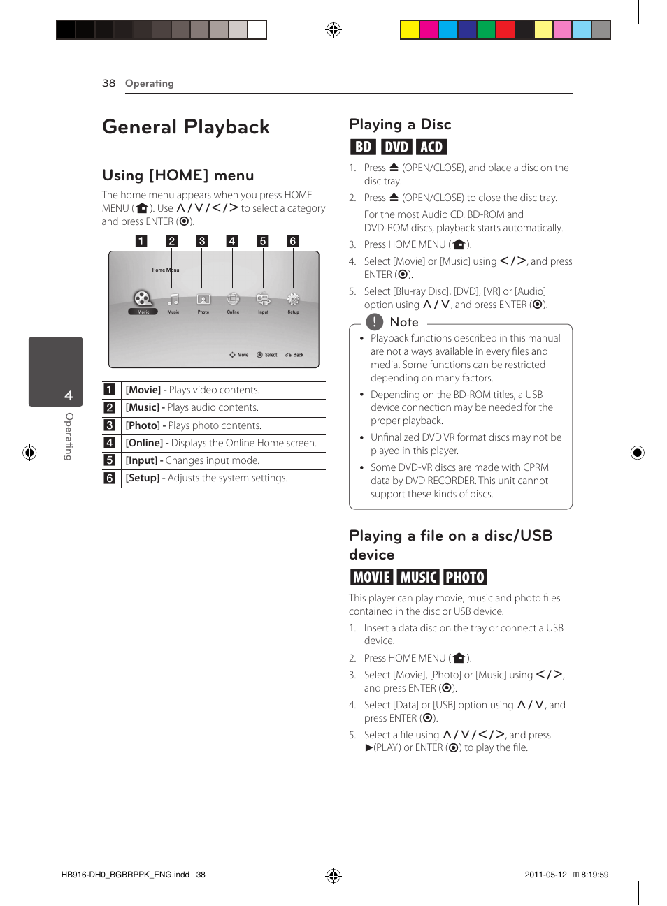 General playback, Using [home] menu, Playing a disc ert | Playing a file on a disc/usb device yui | Pioneer BCS-212 User Manual | Page 38 / 72