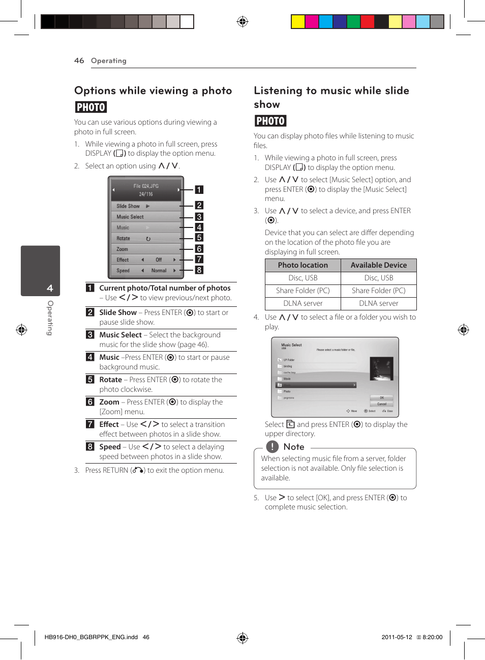 Options while viewing a photo i, Listening to music while slide show i | Pioneer BCS-212 User Manual | Page 46 / 72