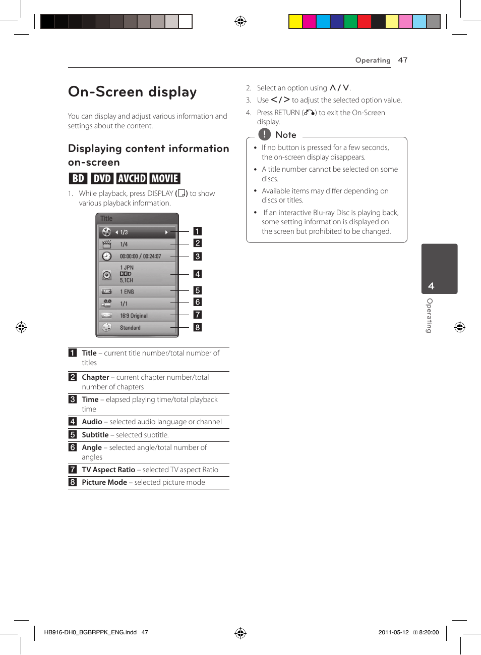 Screen, On-screen display, Displaying content information on-screen eroy | Pioneer BCS-212 User Manual | Page 47 / 72