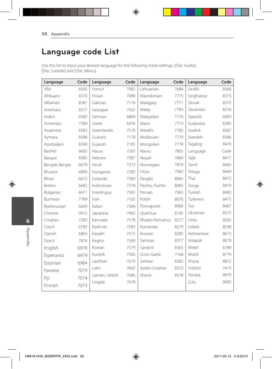 58 language code list, Language code list | Pioneer BCS-212 User Manual | Page 58 / 72