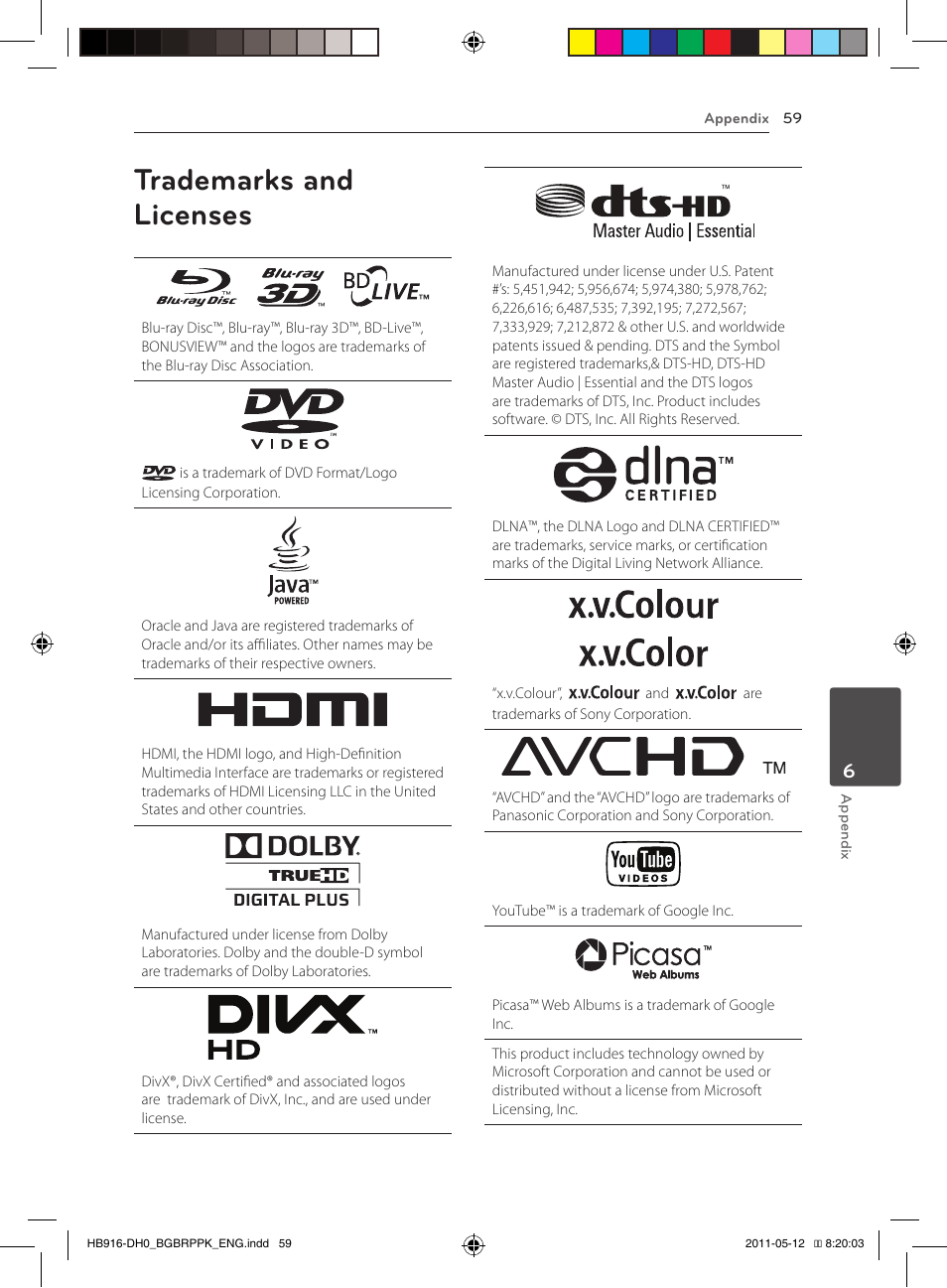 59 trademarks and licenses, Trademarks and licenses | Pioneer BCS-212 User Manual | Page 59 / 72