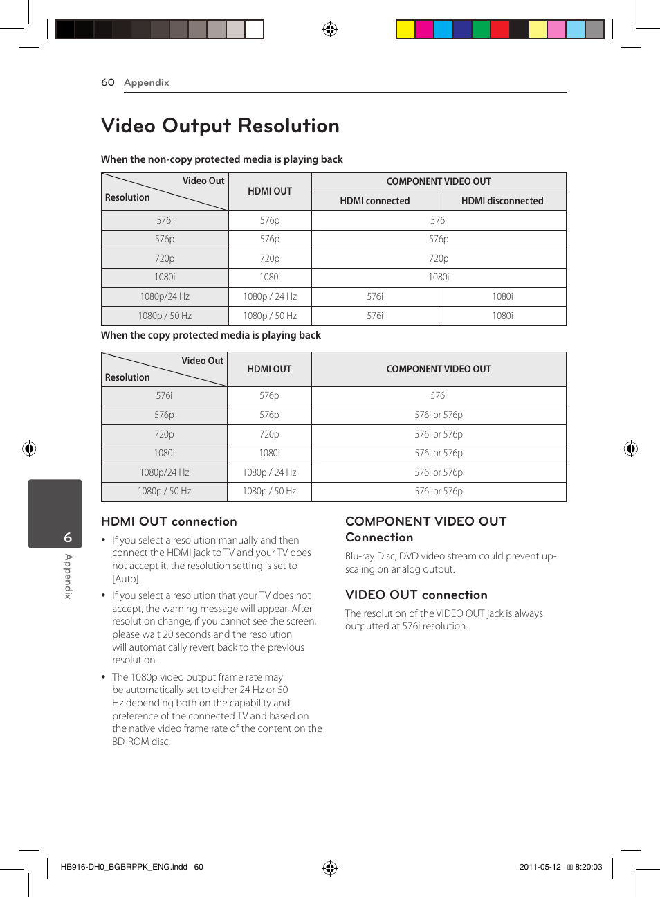 60 video output resolution, Video output resolution, Hdmi out connection | Component video out connection, Video out connection | Pioneer BCS-212 User Manual | Page 60 / 72