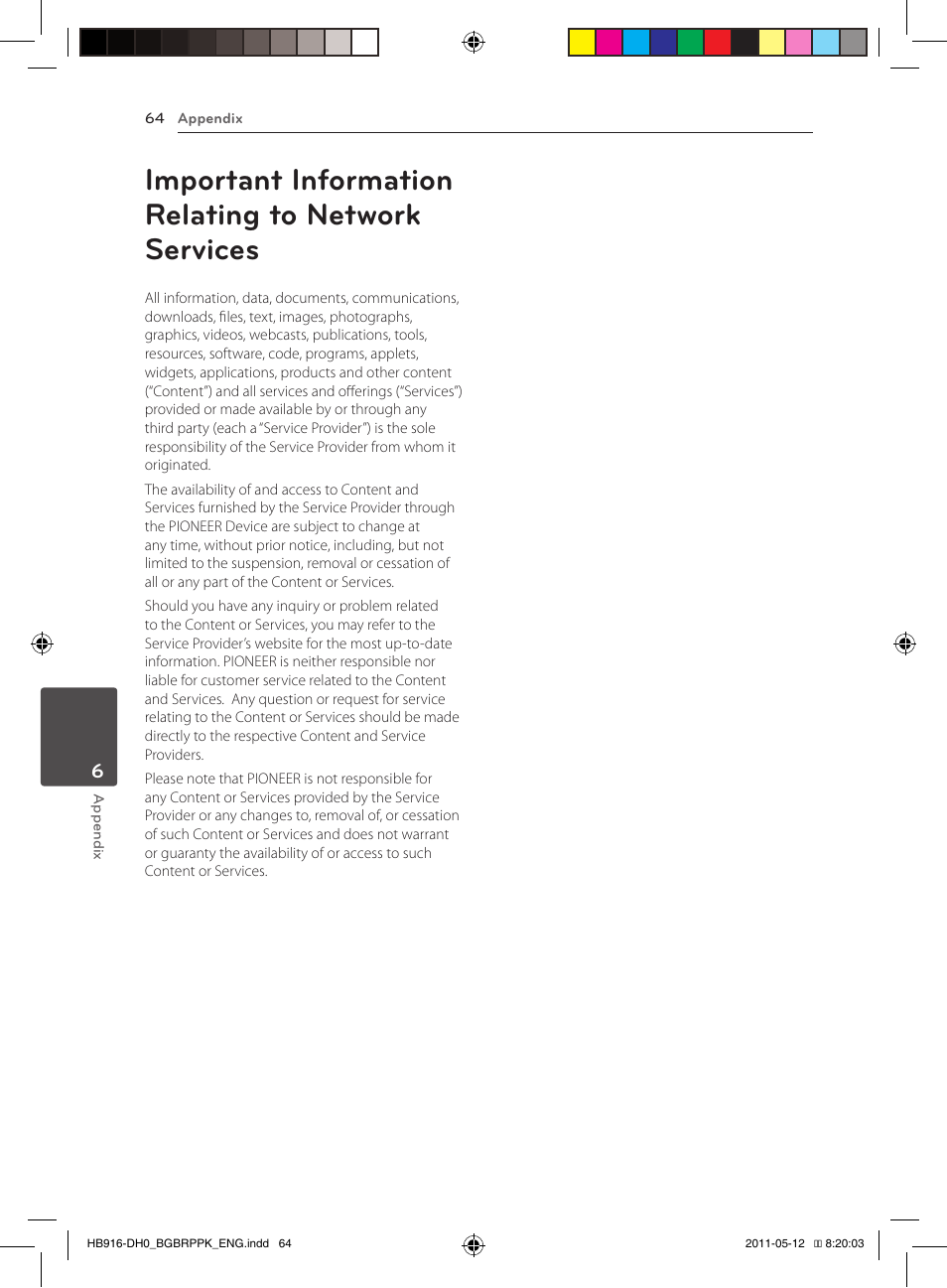 64 important information relating to, Network services, Important information relating to network services | Pioneer BCS-212 User Manual | Page 64 / 72