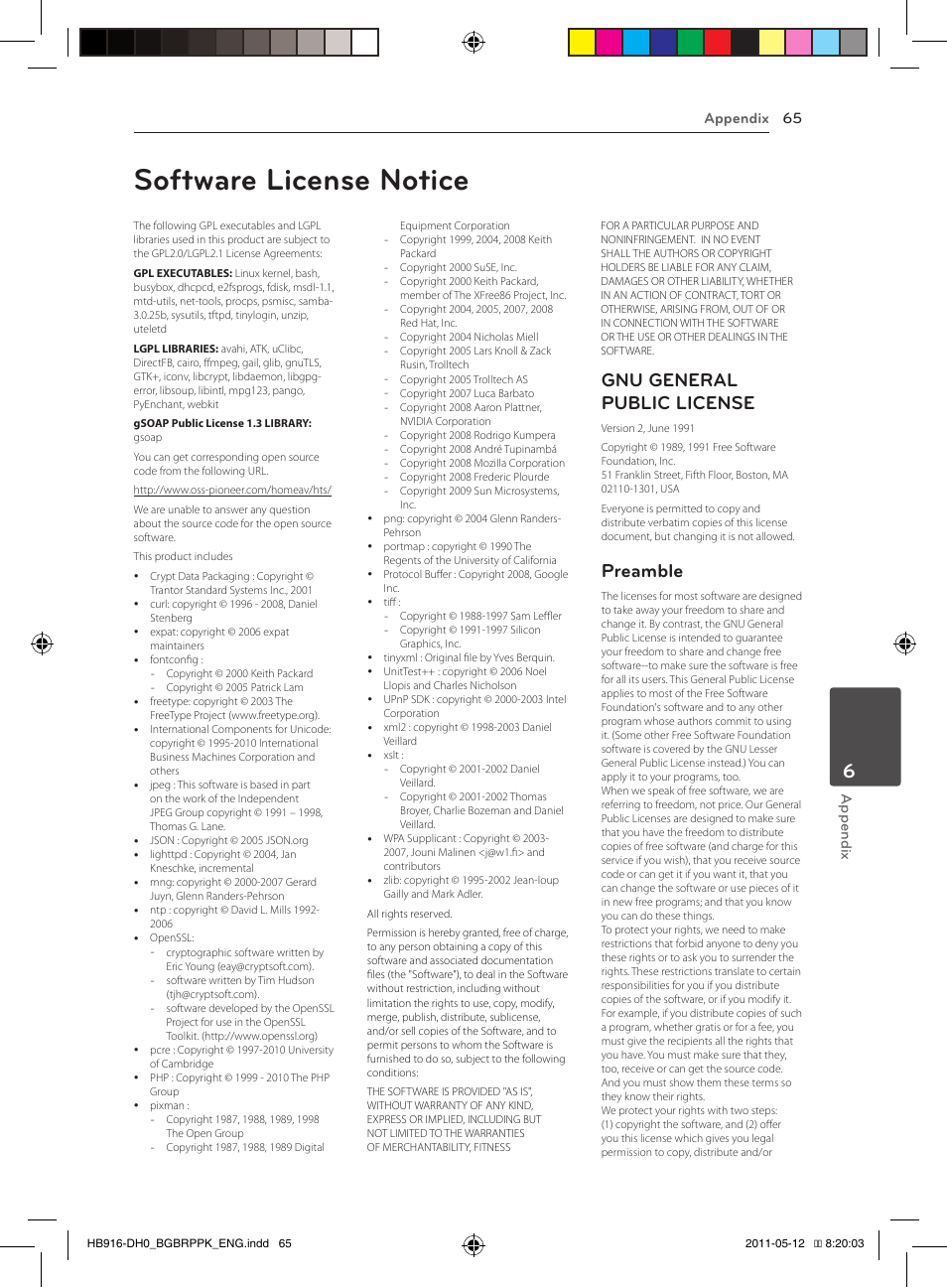 65 software license notice, Software license notice, Gnu general public license | Preamble, Appendix 65 appendix | Pioneer BCS-212 User Manual | Page 65 / 72