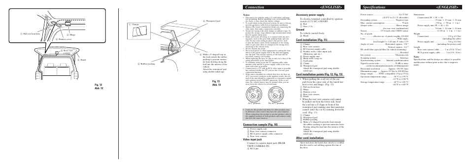 Connection <english, Specifications <english, Connection sample (fig. 10) | Cord installation (fig. 11), Cord installation points (fig. 12, fig. 13), After cord installation, Fig. 12 abb. 12, Fig. 13 abb. 13, Video input jack, Accessory power supply | Pioneer ND-BC6 User Manual | Page 6 / 8