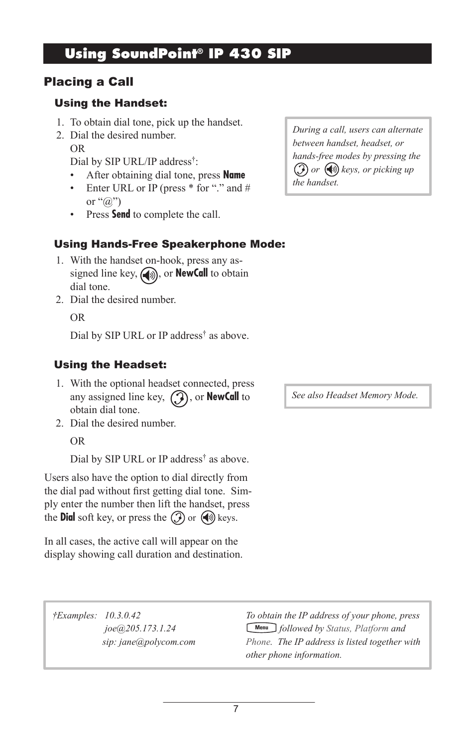 Using soundpoint, Ip 430 sip, Placing a call | ADTRAN Polycom SoundPoint IP 430 User Manual | Page 10 / 31