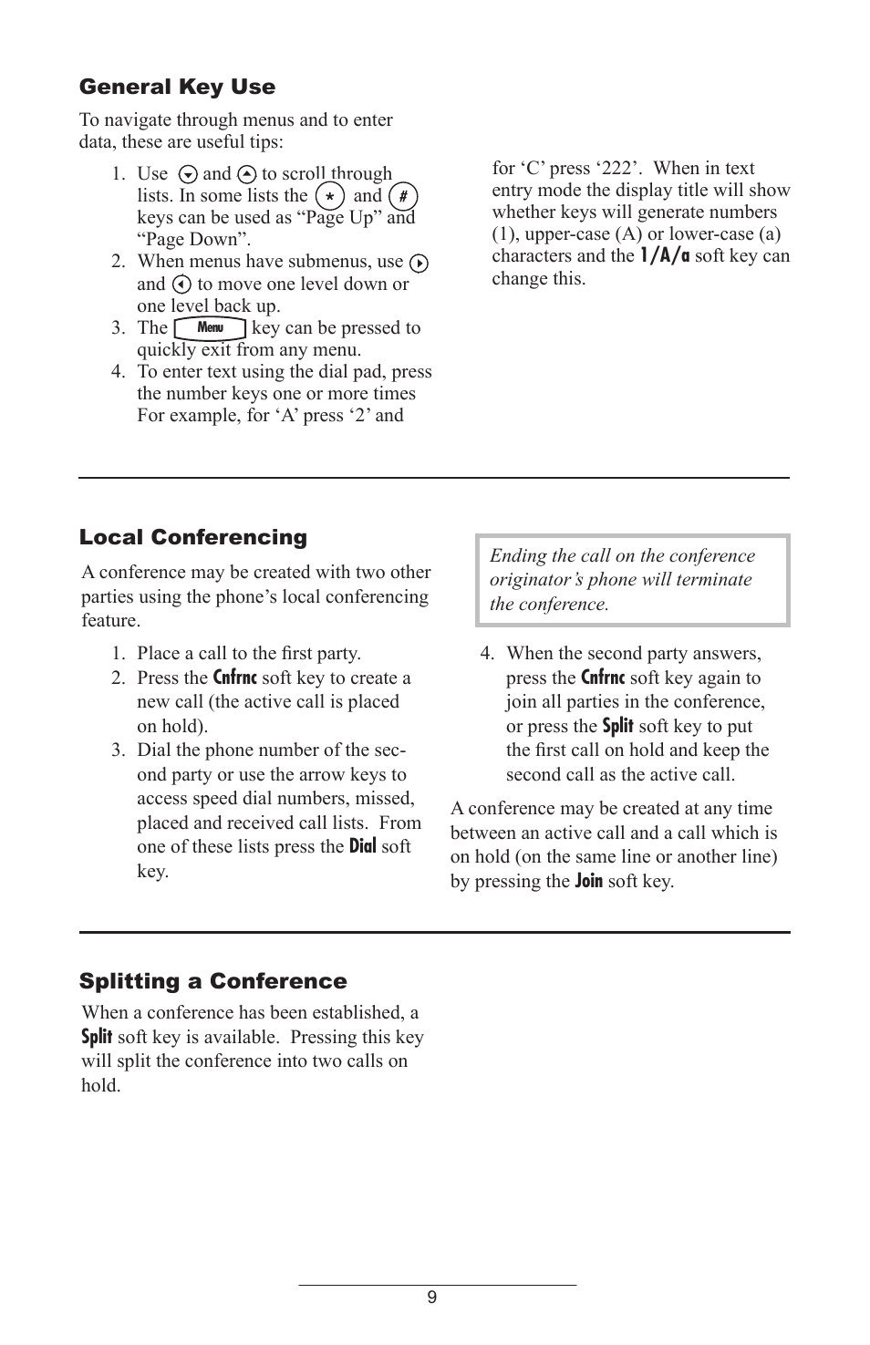 Splitting a conference, General key use, Local conferencing | ADTRAN Polycom SoundPoint IP 430 User Manual | Page 12 / 31