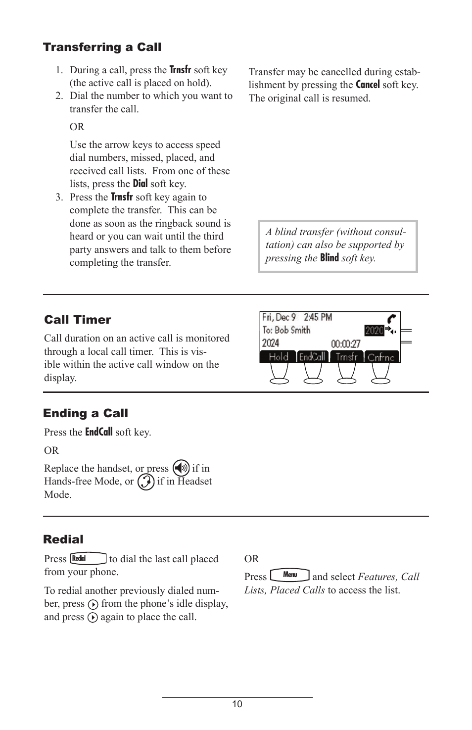 Call timer, Ending a call, Redial | Transferring a call | ADTRAN Polycom SoundPoint IP 430 User Manual | Page 13 / 31