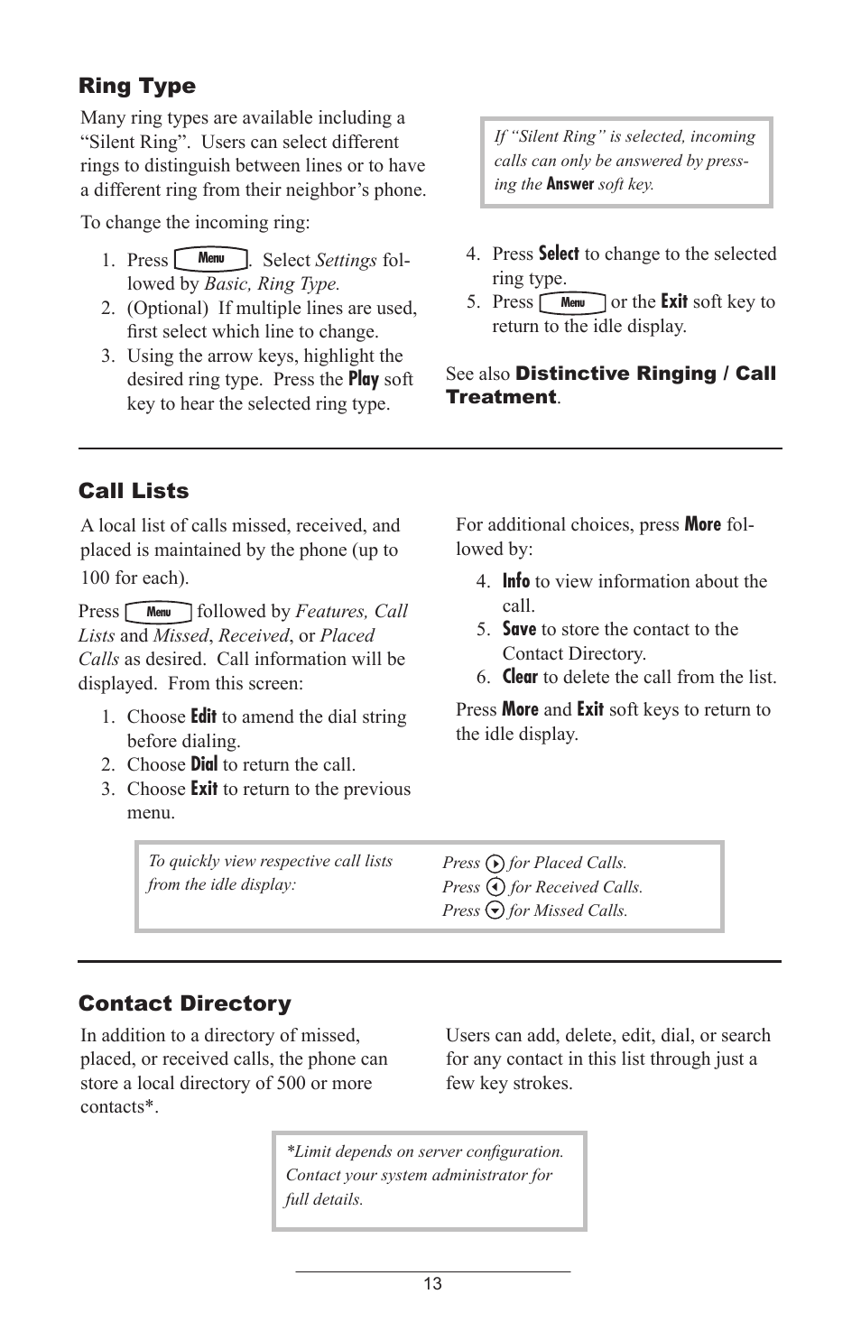 Ring type, Call lists, Contact directory | ADTRAN Polycom SoundPoint IP 430 User Manual | Page 16 / 31