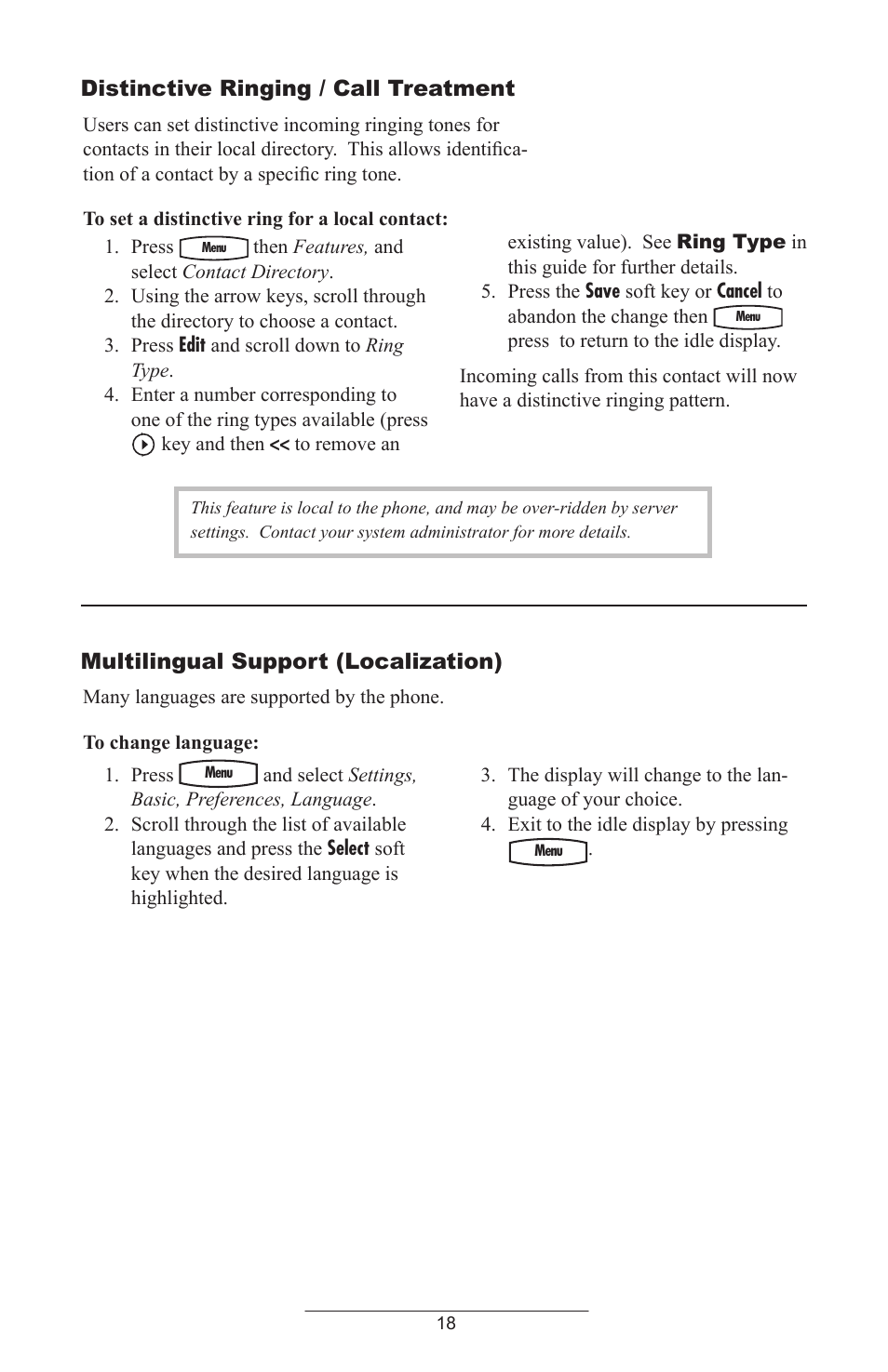 Distinctive ringing / call treatment, Multilingual support (localization) | ADTRAN Polycom SoundPoint IP 430 User Manual | Page 21 / 31
