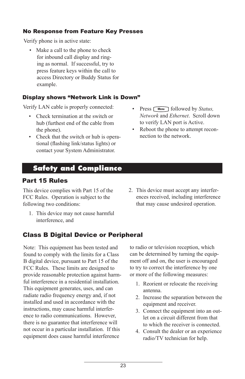 Safety and compliance, Part 15 rules, Class b digital device or peripheral | ADTRAN Polycom SoundPoint IP 430 User Manual | Page 26 / 31