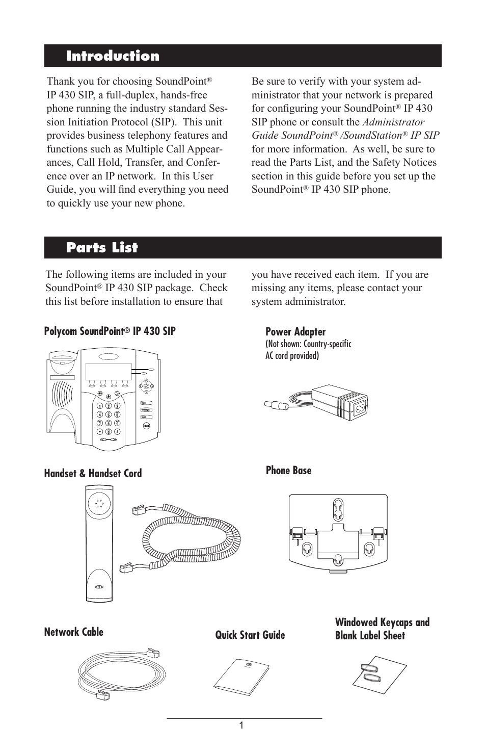 Introduction parts list | ADTRAN Polycom SoundPoint IP 430 User Manual | Page 4 / 31