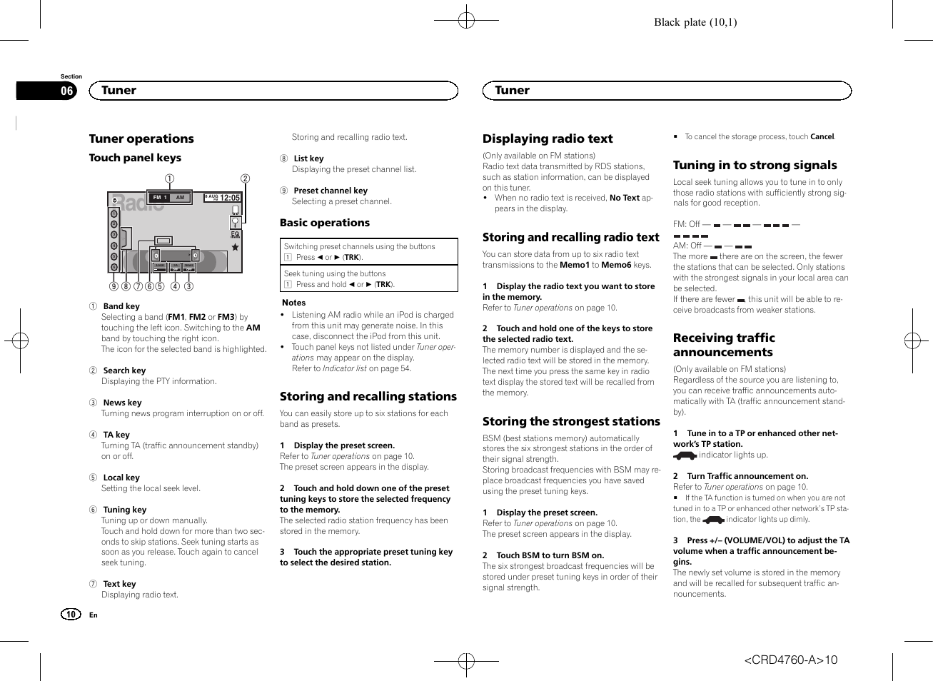 Tuner tuner operations, Storing and recalling stations, Displaying radio text | Storing and recalling radio text, Storing the strongest stations, Tuning in to strong signals, Receiving traffic announcements, Radio, Tuner operations, Tuner | Pioneer AVH-X2650BT User Manual | Page 10 / 200