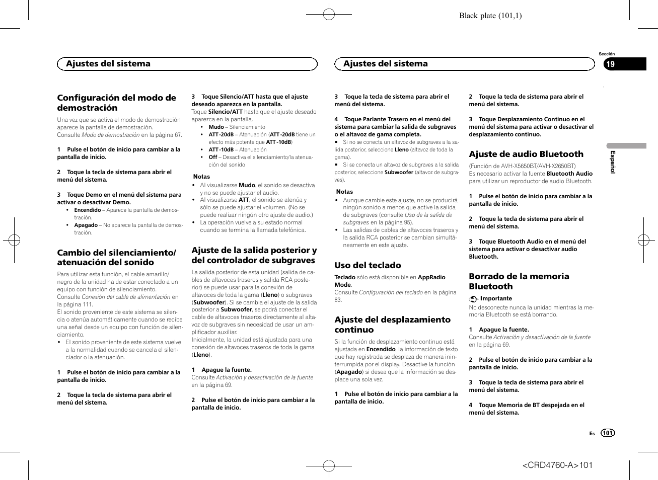 Configuración del modo de, Demostración, Cambio del silenciamiento/atenuación del | Sonido, Ajuste de la salida posterior y del, Controlador de subgraves, Uso del teclado, Ajuste del desplazamiento continuo, Ajuste de audio bluetooth, Borrado de la memoria bluetooth | Pioneer AVH-X2650BT User Manual | Page 101 / 200