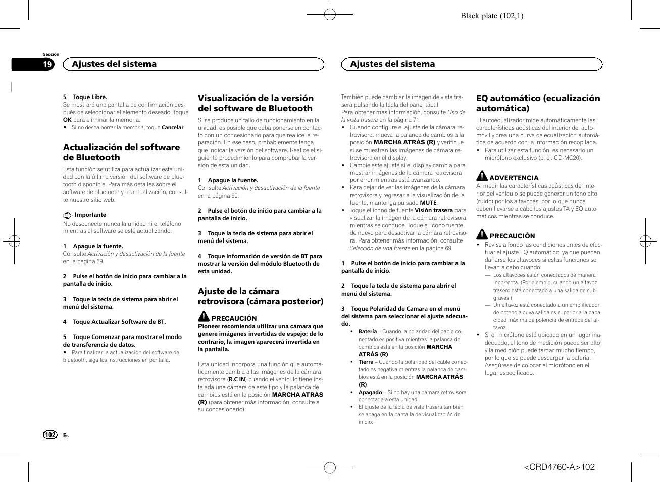 Actualización del software de, Bluetooth, Visualización de la versión del software de | Ajuste de la cámara retrovisora (cámara, Posterior), Eq automático (ecualización, Automática), Actualización del software de bluetooth, Ajuste de la cámara retrovisora (cámara posterior), Eq automático (ecualización automática) | Pioneer AVH-X2650BT User Manual | Page 102 / 200