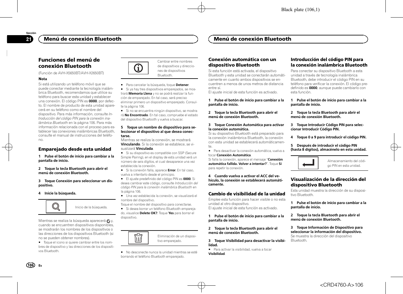 Bluetooth, Menú de conexión bluetooth en la pági- na 106, Funciones del menú de conexión bluetooth | Menú de conexión bluetooth | Pioneer AVH-X2650BT User Manual | Page 106 / 200