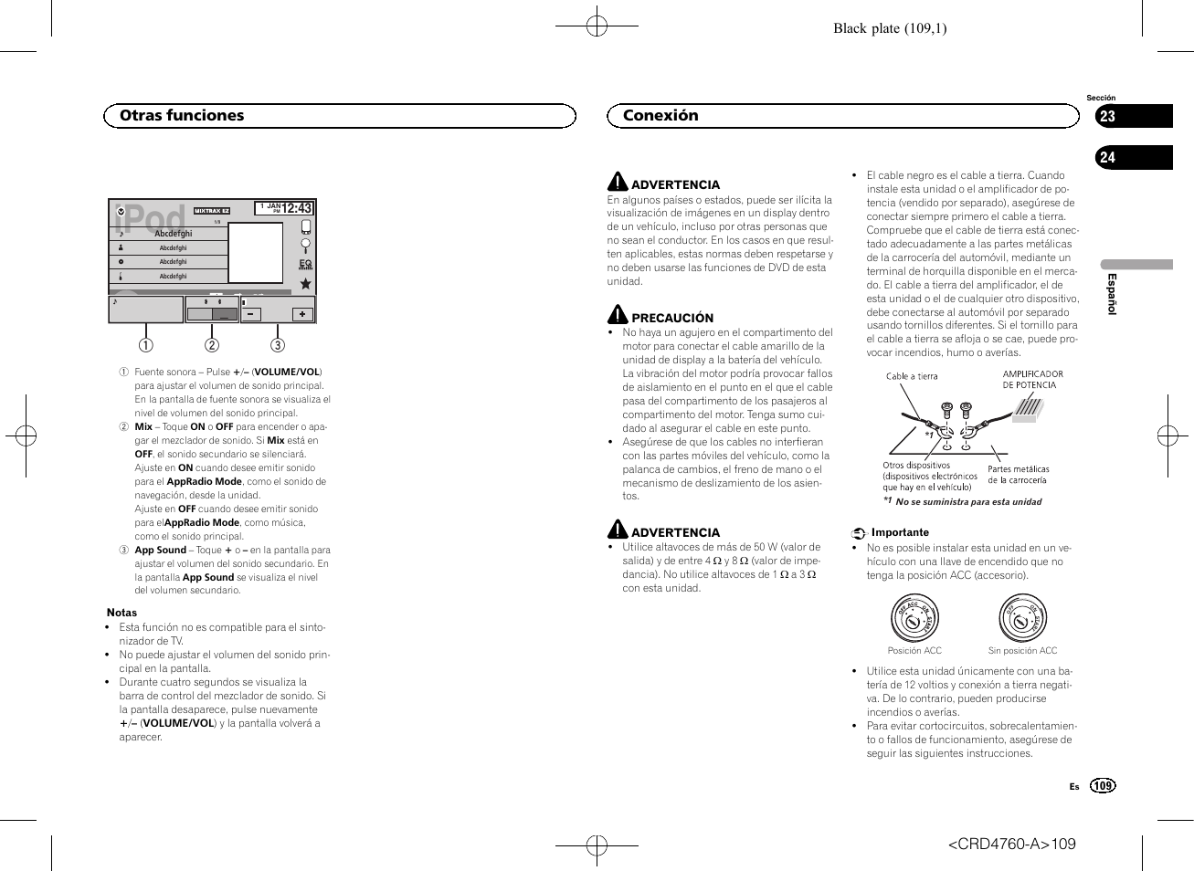 Conexión, Ipod, Otras funciones | Black plate (109,1) | Pioneer AVH-X2650BT User Manual | Page 109 / 200