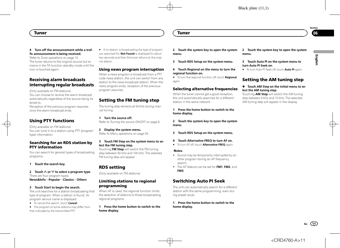 Receiving alarm broadcasts interrupting, Regular broadcasts, Using pty functions | Setting the fm tuning step, Rds setting, Switching auto pi seek, Setting the am tuning step, Tuner | Pioneer AVH-X2650BT User Manual | Page 11 / 200