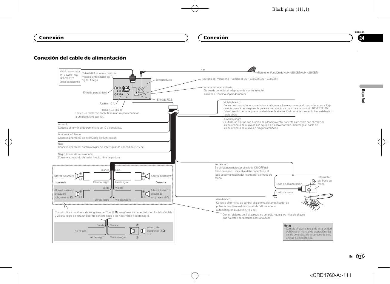 Conexión del cable de alimentación, Conexión, Black plate (111,1) | Pioneer AVH-X2650BT User Manual | Page 111 / 200