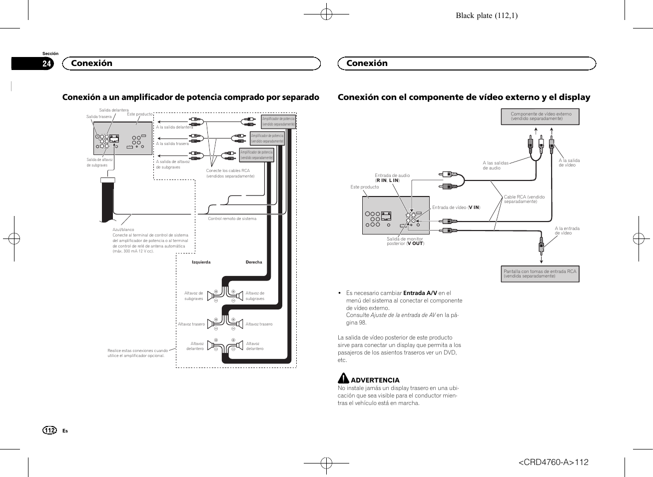 Conexión a un amplificador de potencia, Comprado por separado, Conexión con el componente de vídeo | Externo y el display, Conexión, Black plate (112,1) | Pioneer AVH-X2650BT User Manual | Page 112 / 200