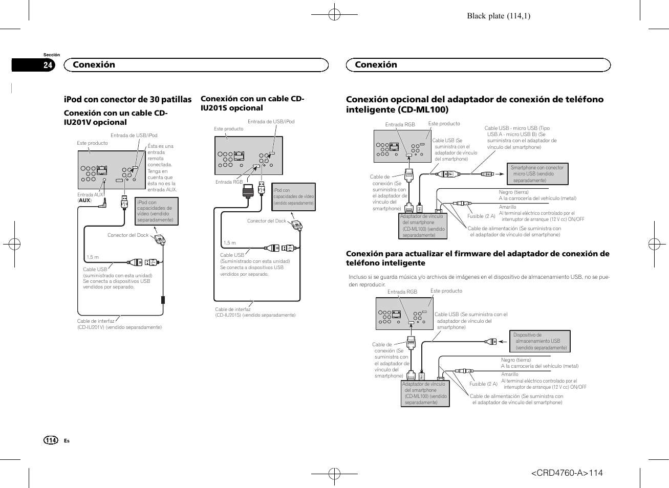 Ipod con conector de 30 patillas, Conexión opcional del adaptador de, Conexión de teléfono inteligente (cd- ml100) | Conexión con un cable cd-iu201s, Conexión | Pioneer AVH-X2650BT User Manual | Page 114 / 200