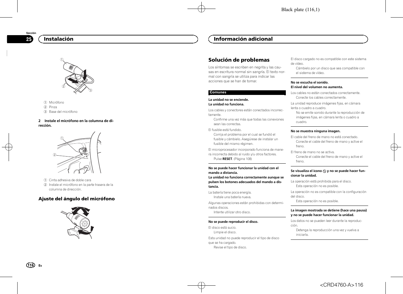 Información adicional solución de problemas, Solución de problemas, Instalación | Información adicional | Pioneer AVH-X2650BT User Manual | Page 116 / 200