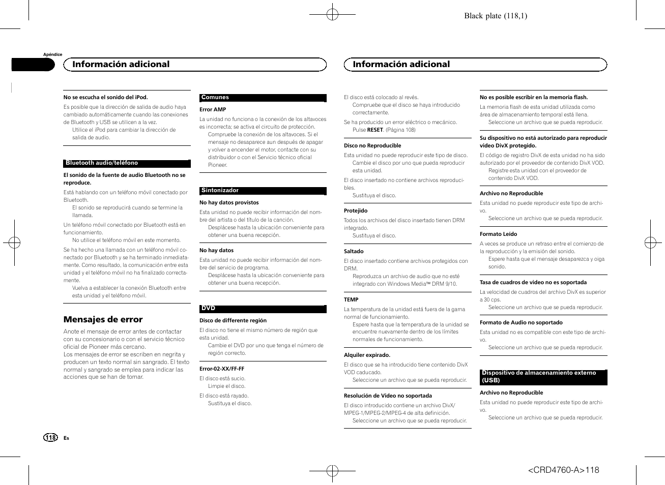 Mensajes de error, Información adicional | Pioneer AVH-X2650BT User Manual | Page 118 / 200