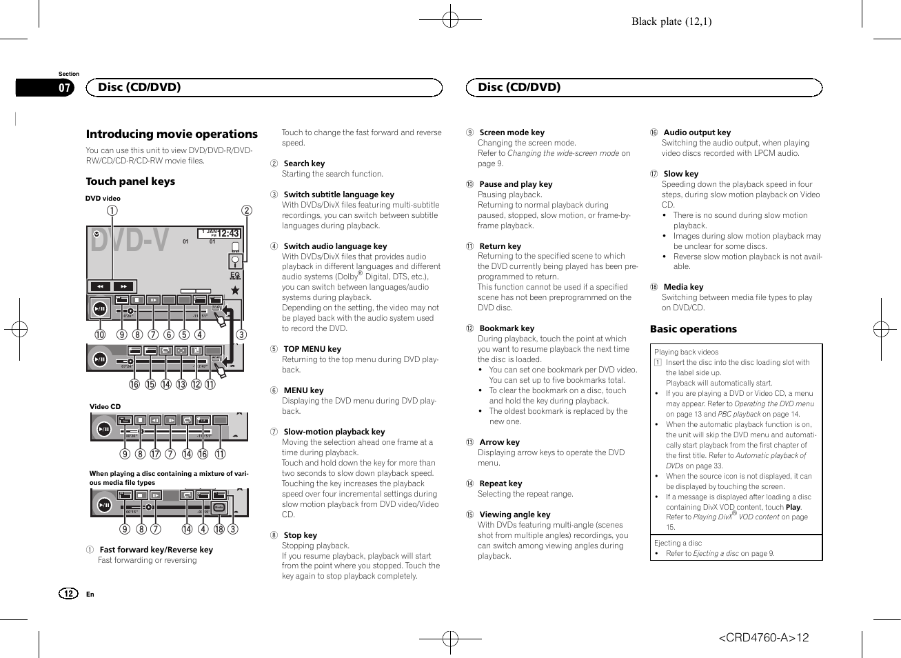 Disc (cd/dvd) introducing movie operations, Dvd-v, Introducing movie operations | 9 8 h 7 e g b, Disc (cd/dvd), Black plate (12,1) | Pioneer AVH-X2650BT User Manual | Page 12 / 200