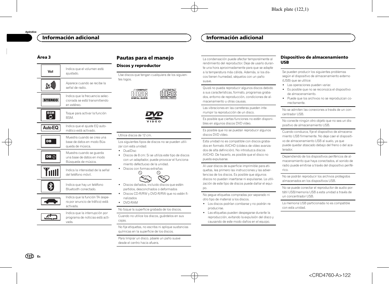 Pautas para el manejo, Información adicional | Pioneer AVH-X2650BT User Manual | Page 122 / 200