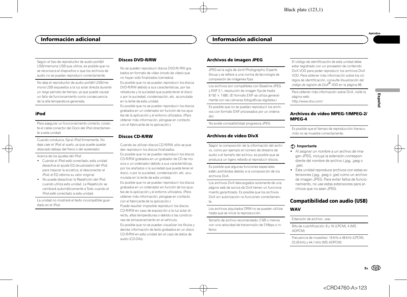 Compatibilidad con audio (usb), Información adicional | Pioneer AVH-X2650BT User Manual | Page 123 / 200