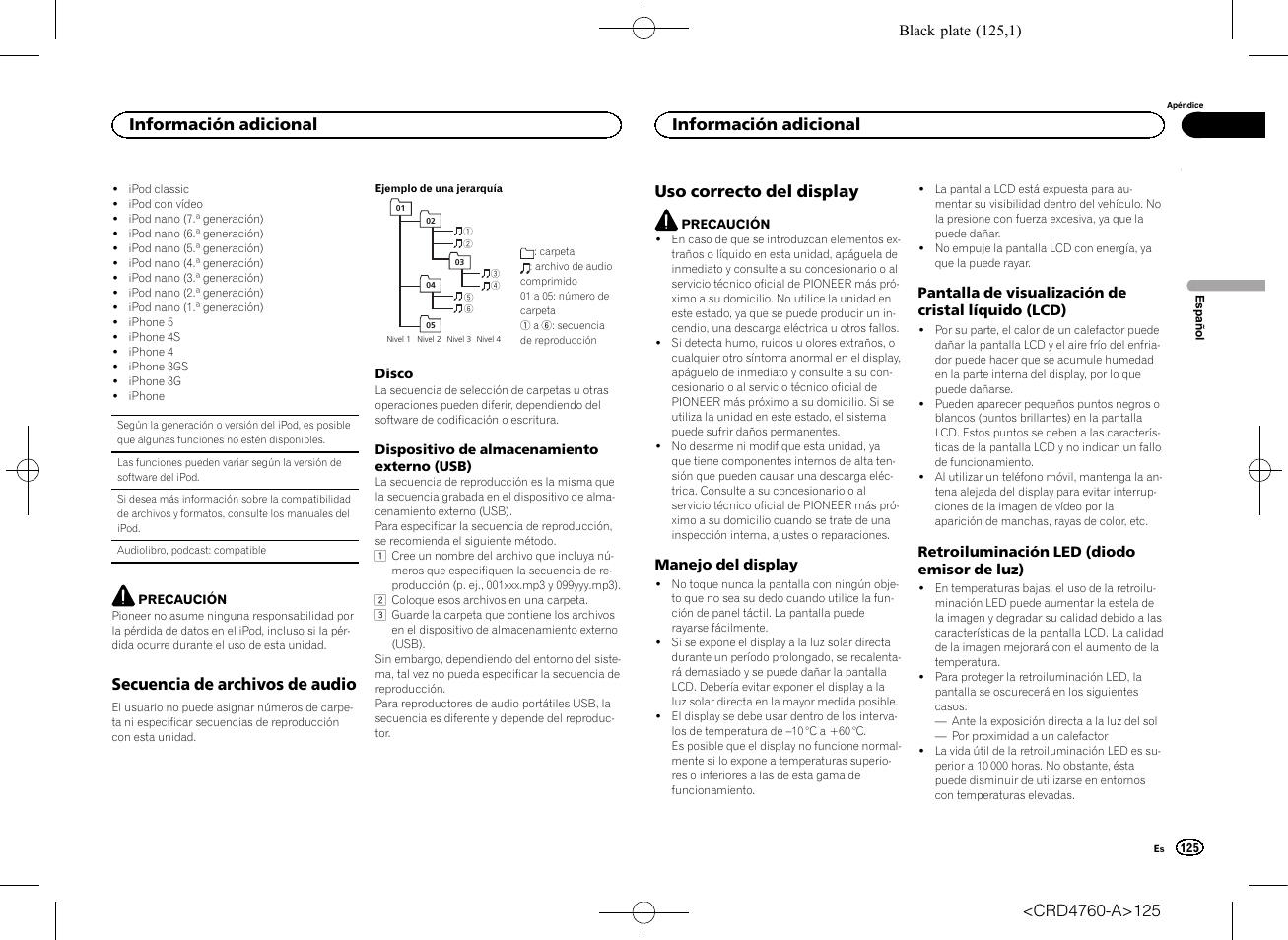 Secuencia de archivos de audio, Uso correcto del display, Información adicional | Pioneer AVH-X2650BT User Manual | Page 125 / 200