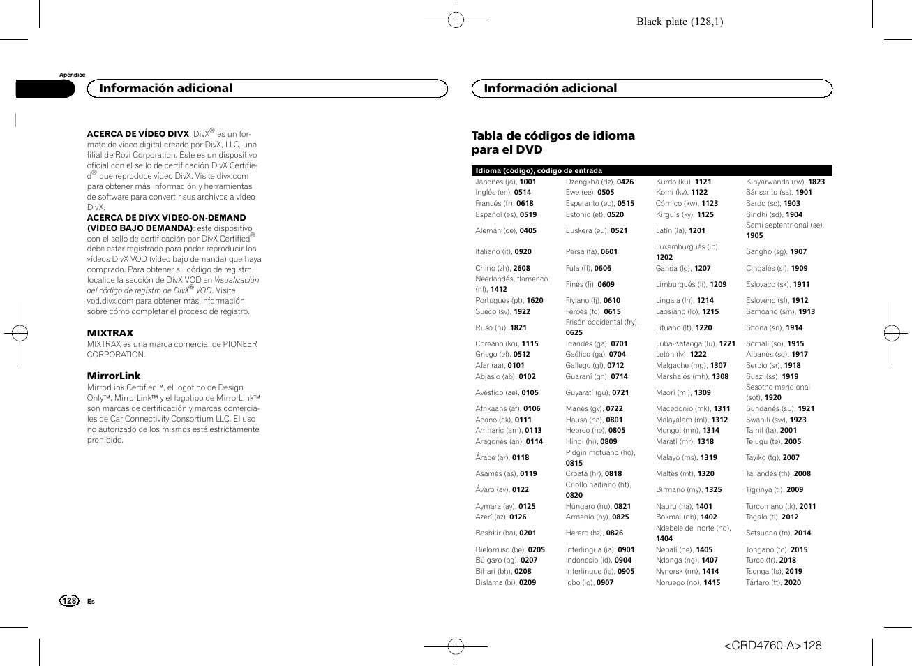 Tabla de códigos de idioma para el, Tabla de códigos de idioma para el dvd, Información adicional | Pioneer AVH-X2650BT User Manual | Page 128 / 200